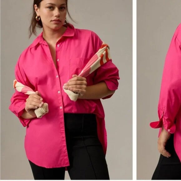ANTHROPOLOGIE x MAEVE The Bennet Button Down Shirt Cotton Hot Pink Medium - Picture 4 of 13